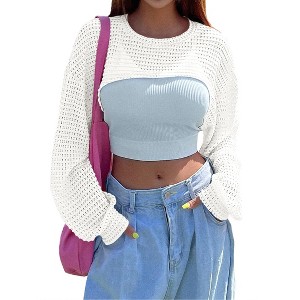 Womens Pullover Crochet Sweater Crew Neck Cropped Tops Shrugs Waffle Knit Crochet See Through Knit Top Cover Ups - 1 of 4