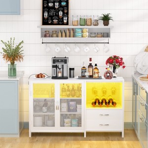 Aheaplus White Wine Bar Cabinet with Drawers and Door, Sideboard Buffet Cabinet with Charging Station & Led Light, Wood Coffee Bar Station - 1 of 4
