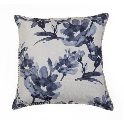 Gracee Floral Printed Pillow with Contrast Gold Whipstitch Blue - Decor Therapy