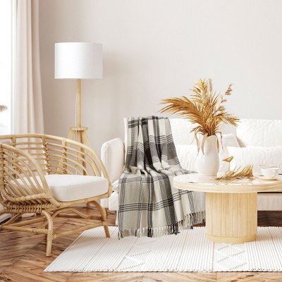 Rustic Beige and Black Cotton Plaid Throw Blanket with Fringe