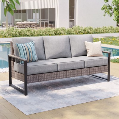 Sonkuki Outdoor Wicker Patio 3-Seat Sofa, PE Rattan Conversation Set With All-Weather Cushions