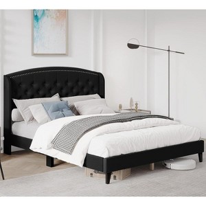 Upholstered Platform Bed Frame with Wingback Headboard, Soft Velvet and Button Tufted Design, Wood Slat Support, Easy Assembly - 1 of 4