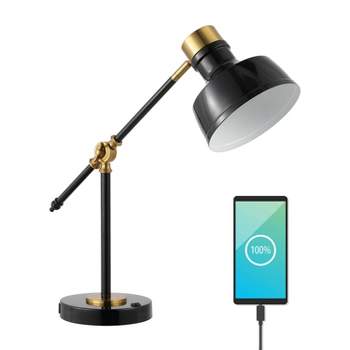 360 Lighting Modern Industrial Desk Table Lamp with USB Charging Port  Adjustable 26.75 High Black Antique Brass for Bedroom Bedside Office