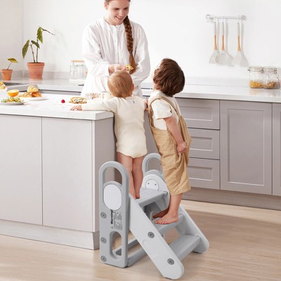 Foldable 3 Steps Stool for Toddlers with Handles, Adjustable Kids Step Stool for Bathroom Sink, Kitchen, Bed, Toilet Potty Training, Anti-Slip