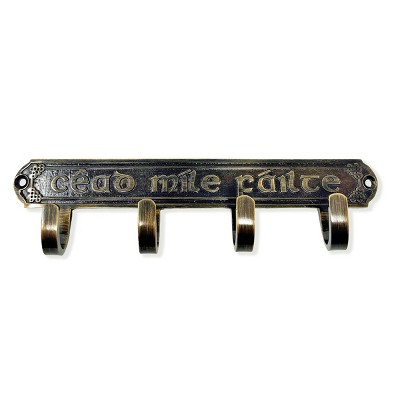 Slickblue Antique Brass Irish Key Holder, Cead Mile Failte Design, Wall Hook Rack, Vintage Style, 7.38"x2"