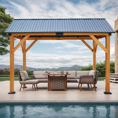 Fir Wood Gazebo with Galvanized Steel Roof,All-Weather Hardtop Pavilion-Maison Boucle
