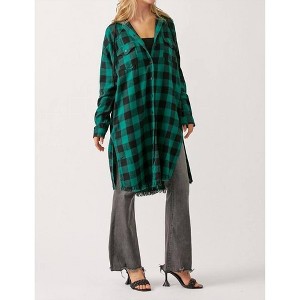 Women's Acacia Plaid Hooded Longline Shacket - RISEN L - 1 of 3