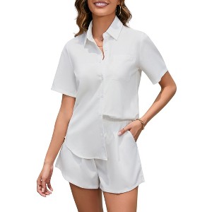Clearlove Women's 2 Piece Outfits Short Sleeve Button Down Shirts Top High Waist Shorts Set Tracksuit - 1 of 4