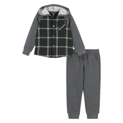 Image of Andy & Evan Infant  Boys Green Plaid Hooded Flannel Buttondown Set, Size 3-6 Months.