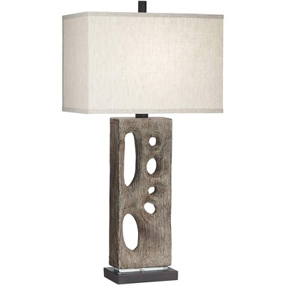 Franklin Iron Works Driftwood 32 1/2" Tall Large Rectangular Modern Coastal End Table Lamp Textured Wood Finish Single White Shade Living Room Bedroom