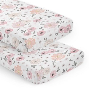Sweet Jojo Designs Girl Fitted Crib Sheets Set Watercolor Floral Pink and Grey 2pc - 1 of 4