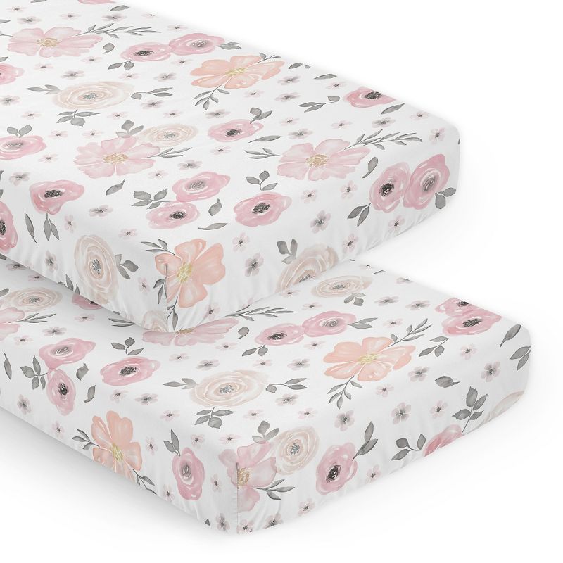 Sweet Jojo Designs Girl Fitted Crib Sheets Set Watercolor Floral Pink and Grey 2pc, 1 of 8