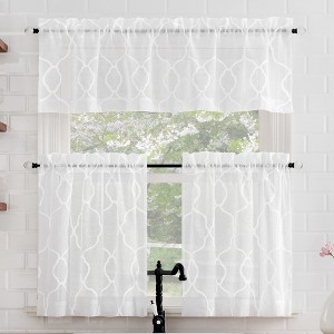 No. 918 Semi-Sheer Allerton Embroidered Trellis Curtain Valance and Tiers Set White - 1 of 4