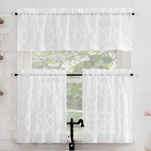 No. 918 Semi-Sheer Allerton Embroidered Trellis Curtain Valance and Tiers Set White - image 1 of 4