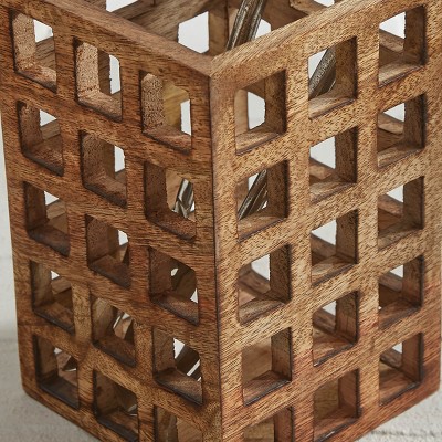 Rustic Brown Wooden Lattice Utensil Crock