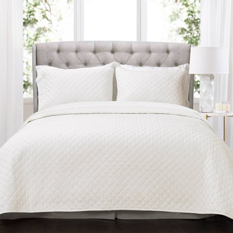Lush Decor 3pc Full/Queen Size Ava Diamond Cotton Quilt Bedding Set Pure White: Luxurious Comforter with Shams, OEKO-TEX Certified