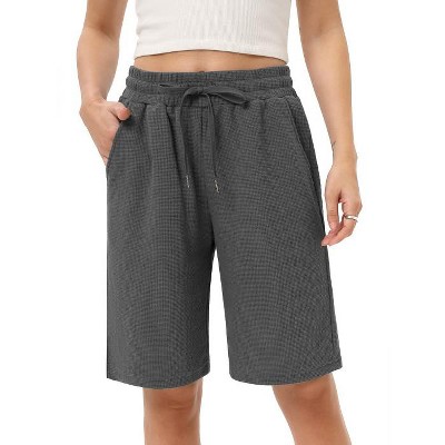 WhizMax Women's Bermuda Shorts with Zipper Pockets Casual Summer Drawstring Jersey Shorts Elastic Waist Comfy Waffle Shorts