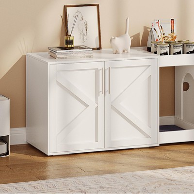 Cat Litter Box Enclosure, Hidden Litter Box Furniture - Double Room Wooden Cabinet with Doors & Pads for Indoor Cats