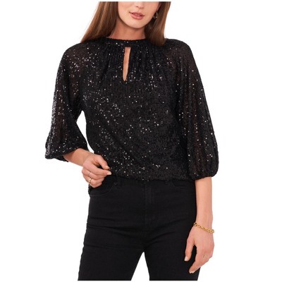 Vince Camuto Womens Sequined Keyhole Pullover Blouse