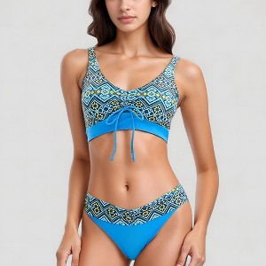 Anna-Kaci Swim Women's Printed Scoop Neck Bikini Set Drawstring Detail Crop Top and V Cut Hipster Bottoms - 1 of 4
