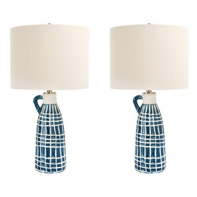 Set of 2 Stoneware Table Lamp with Embossed Grid Pattern - 3R Studios