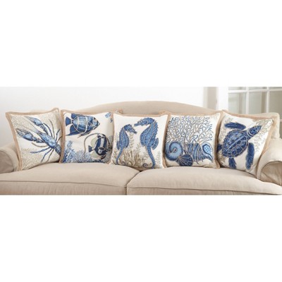 Blue Sea Turtle Cotton Square Throw Pillow with Fringed Borders