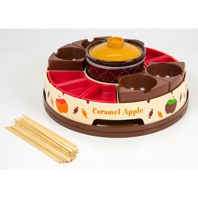 Nostalgia NCCA5 Lazy Susan Chocolate & Caramel Apple Party with Heated Fondue Pot, 25 Sticks, Decorating and Toppings Trays