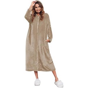 Ekouaer Fleece Robes for Women Hooded Plush Zipper Front Long Bathrobe Warm House Robe Sleepwear with Pockets - 1 of 2