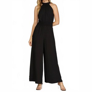 Women's Wide Leg Smocked Waist Halter Jumpsuit - SHE + SKY - 1 of 2