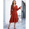 Women's Casual Wrap V Neck Midi Dress Long Sleeve Smocked Waist Tiered A Line Pleated Flowy Long Dress - 4 of 4