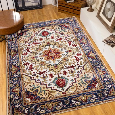 Area Rug Vintage Bohemia Large Persian Non-slip Washable Rug For Living Room Kitchen Bedroom Living Room Flower Design Blue/Gold