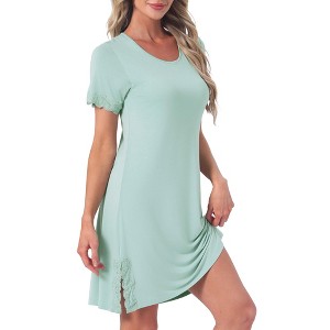INSPIRE CHIC Women's Nightgowns Lace Trim Round Neck Short Sleeve Sleepwear Night Shirts Soft Sleep Pajama Dress - 1 of 4