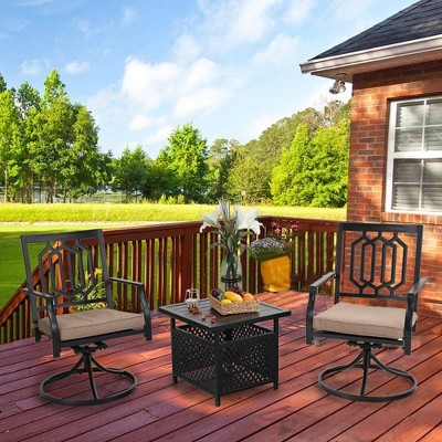 3pc Wrought Iron Patio Dining Set with Square Table with Umbrella Hole & Swivel Chairs - Captiva Designs