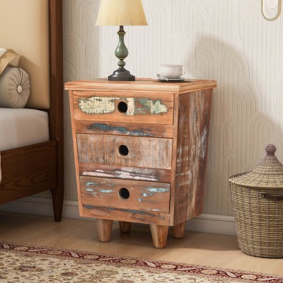 TIRAMISUBEST Recycled Wood Nightstand - 3-Drawer Vintage Side Table for Bedroom & Living Room, Natural Finish