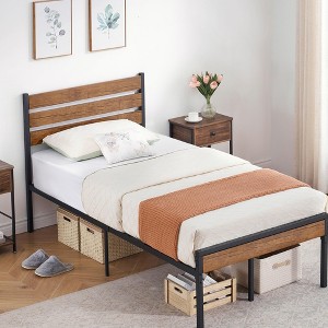 Industrial Metal Platform Bed Frame with Headboard - Sturdy Wood-Slat Support & Under-Bed Storage, No Box Spring Needed ,Black - 1 of 4