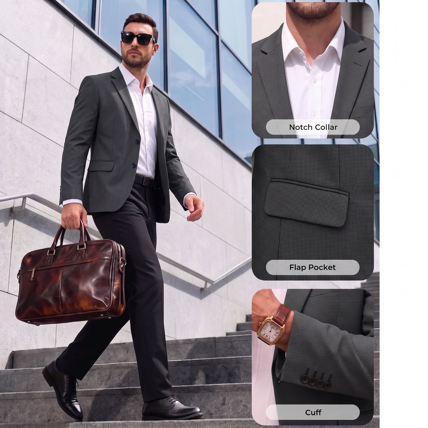 Мужской пиджак COOFANDY Regular Fit Notched Collared Houndstooth Print Blazer Light Gray-Black, цвет: Светлый серый — фото 8