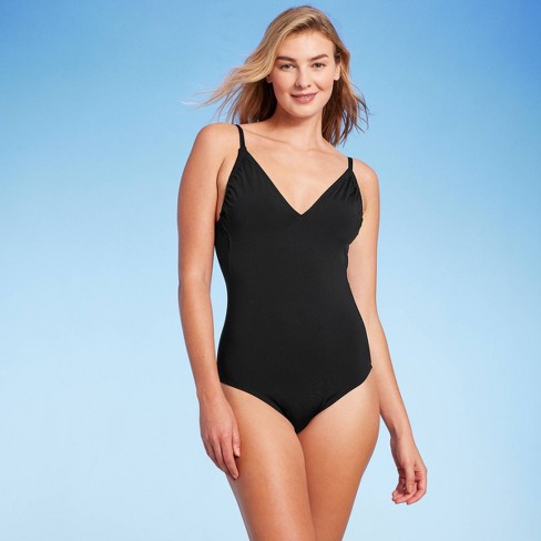 Women's V-neck Shirred Medium Coverage One Piece Swimsuit - Kona Sol™ Black  : Target