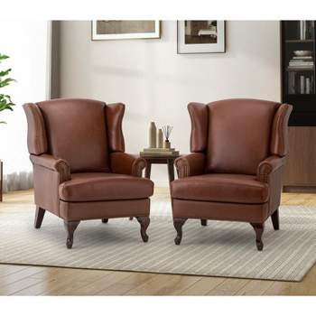 Set of 2 Helmuth Wooden Upholstery Genuine  Leather Armchair for livingroom | KARAT HOME