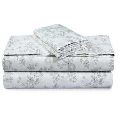 Tribeca Living Cotton Percale Queen Size Bed Sheet Set, 300 Thread Count, Extra Deep Pockets, Printed Emma Floral Grey