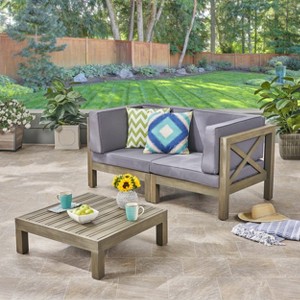 GDFStudio Keith Outdoor Acacia Wood Loveseat and Coffee Table Set with Cushions - 1 of 4