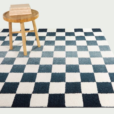 Blue and White Checkered Synthetic Area Rug 5'3" x 7'