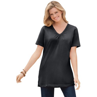 Woman Within Plus Size Perfect Short-Sleeve Shirred V-Neck Tunic