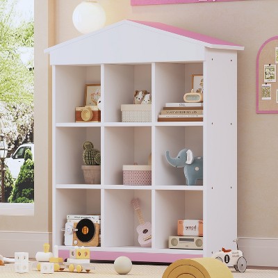 47.4"H House-Shaped Storage Rack with Nine Storage Compartments, 3-layer Bookshelf with Colorblock Design - ModernLuxe