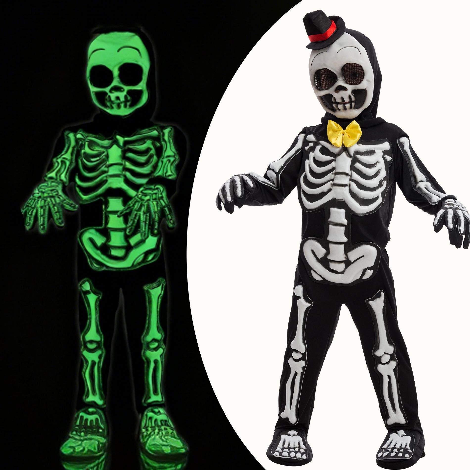 Joyfy Kids Skeleton Halloween Skeleton Costume 3D Glow in The Dark, Jumpsuit with Mask & Gloves | Light Up Halloween Costume for Boys & Girls
