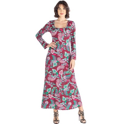 24seven Comfort Apparel Red Paisley Long Sleeve A Line Maxi Dress ...