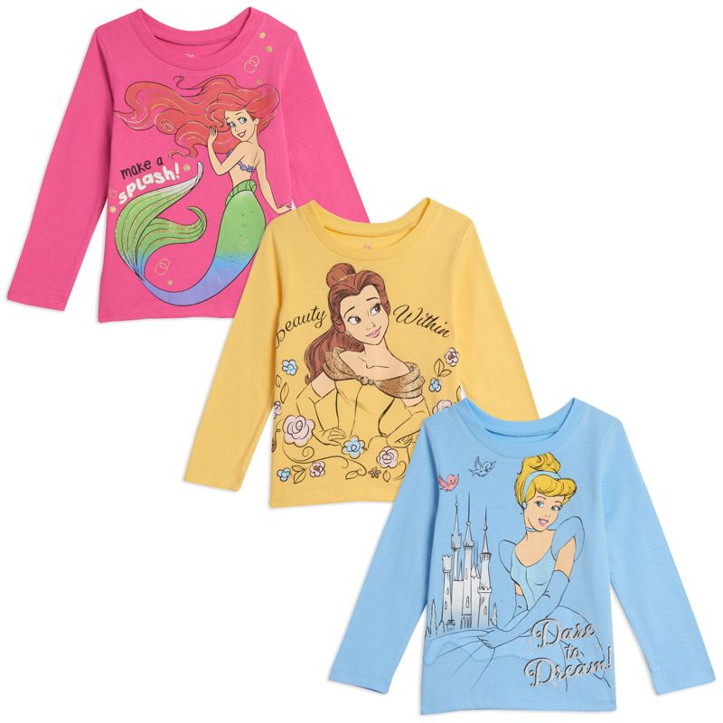 Disney Princess Cinderella Belle Ariel 3 Pack T-Shirts Multicolored , 1 of 10