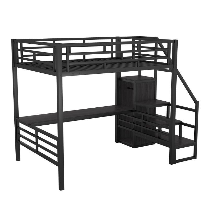 Full Size Metal Loft Bed with Desk, Storage Staircase and Small Wardrobe – ModernLuxe, 4 of 11