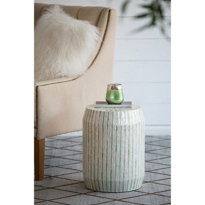 HDZNVF 14x14x18 inch Cream and Green Cylinder Accent End Table with Striped Pattern