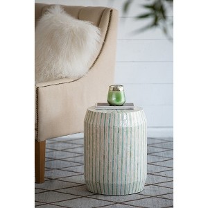 HDZNVF 14x14x18 inch Cream and Green Cylinder Accent End Table with Striped Pattern - 1 of 4