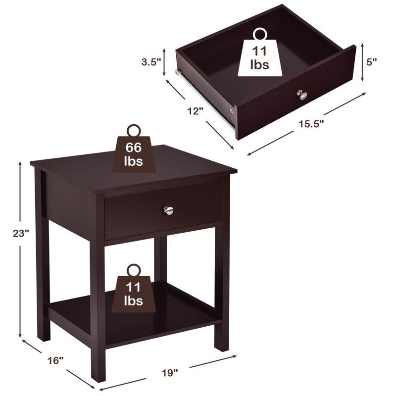 Costway 2PCS 2-Tier Nightstand Modern Side End Table w/ Drawer & Open Shelf, 3 of 10
